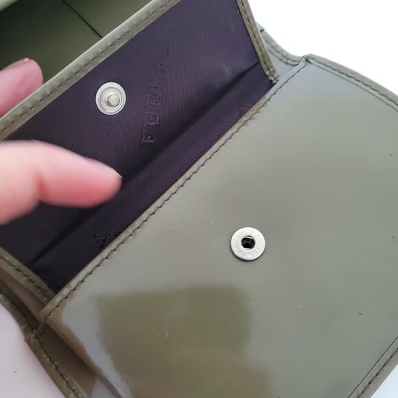 Furla Italian Trifold Wallet Medium Patent Leather Olive Green Compact Logo - Picture 6 of 14